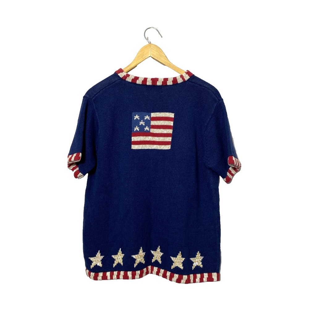 Quacker Factory Button-Up Cardigan Sweater American Flag Patriotic Stars Size L